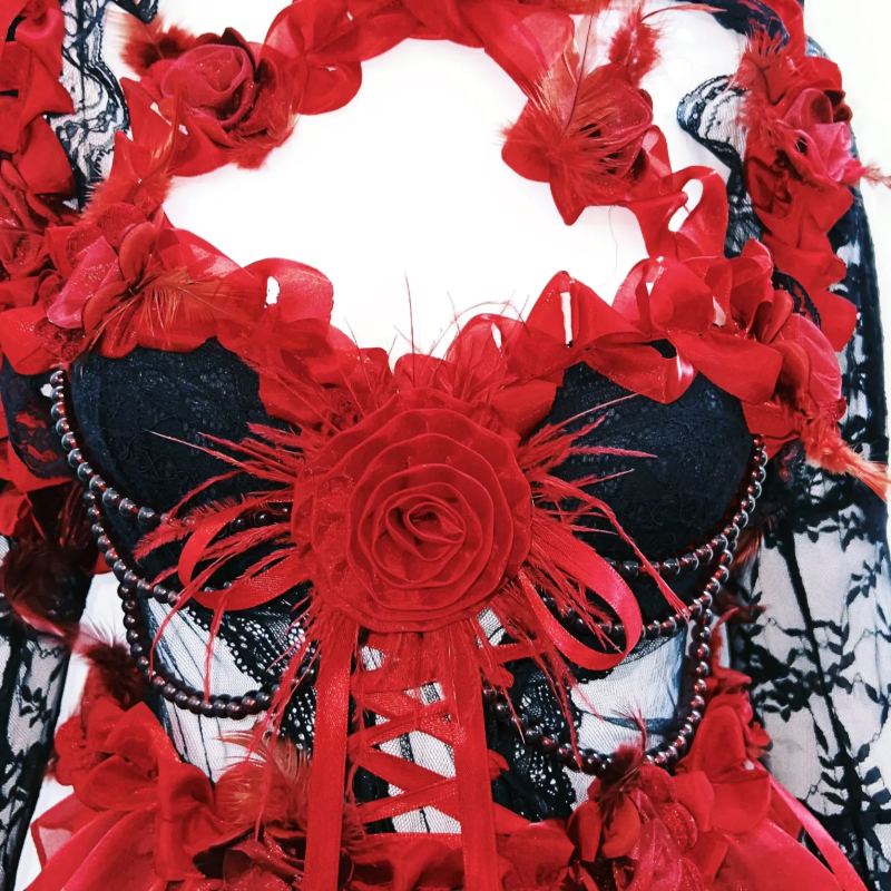 Long flared sleeve flower applique ruffle lace mini dress  | Festival Outfits Women