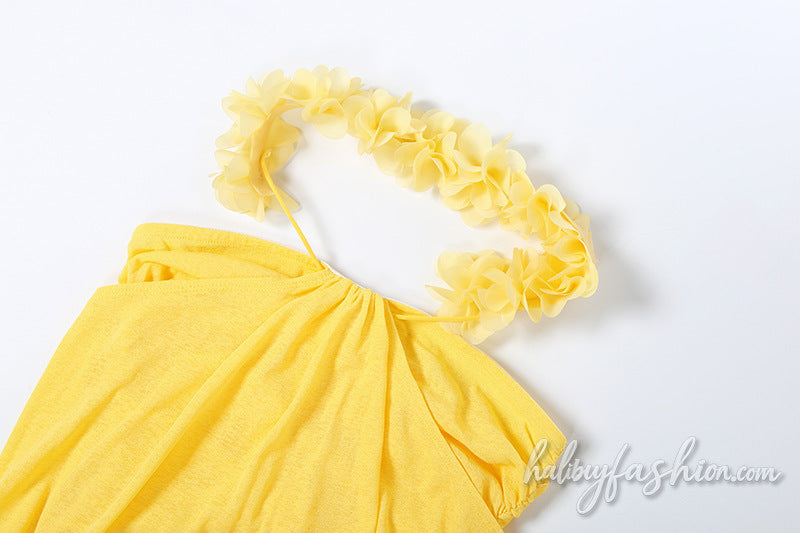 Halter ruffle ruched backless solid mini dress