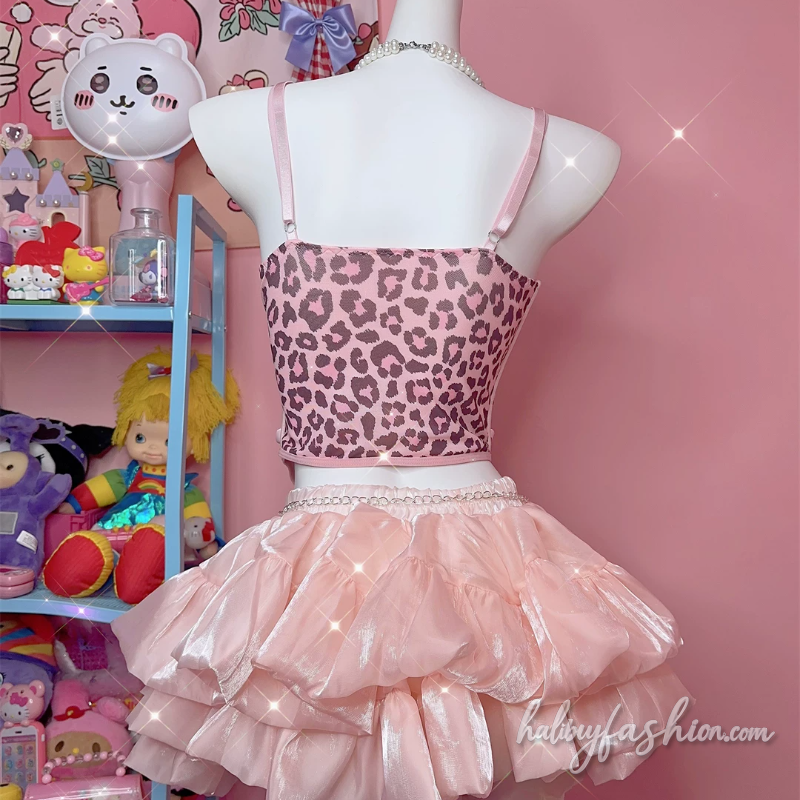 Leopard print bowknot beaded cami top