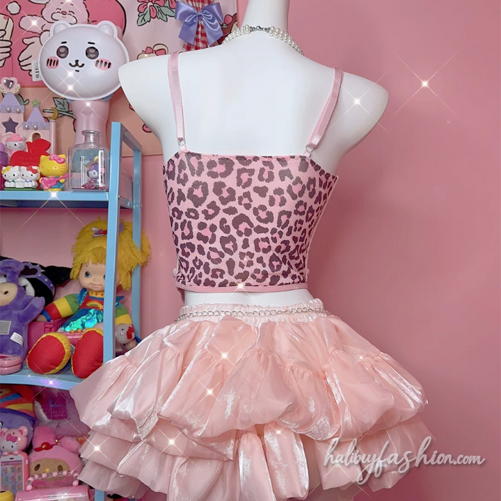 Leopard print bowknot beaded cami top