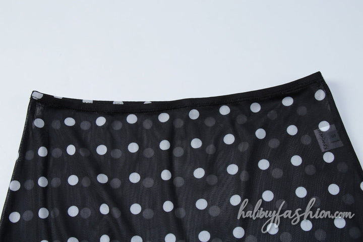Polka dot halter self tie mesh maxi skirt set