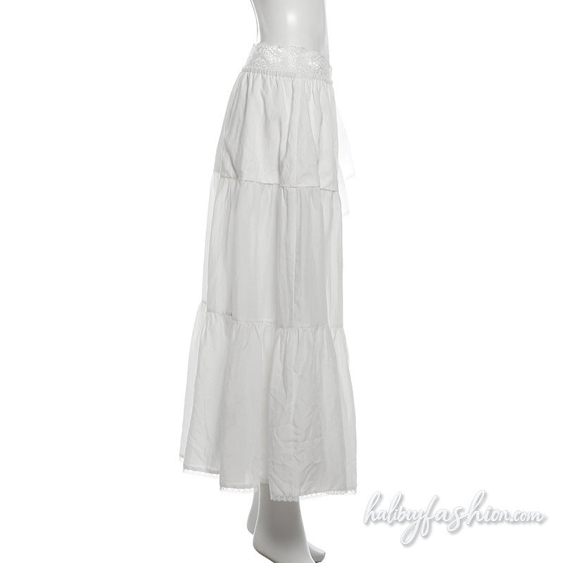 Irregular ruched lace hem slit solid maxi skirt