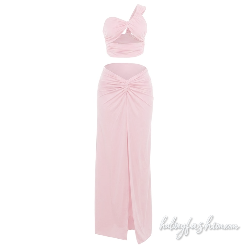 Hollow out one shoulder ruched slit maxi skirt set