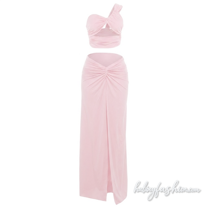 Hollow out one shoulder ruched slit maxi skirt set