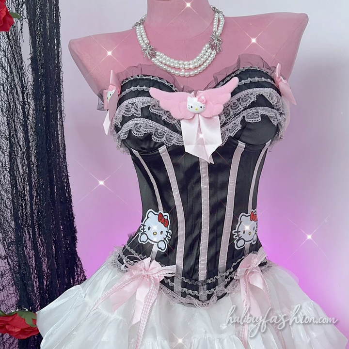 Lace hem bowknot Kitten embroidery tube top