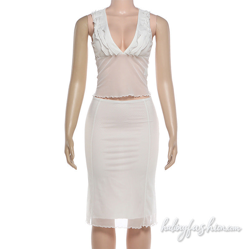 Mesh ruffle v neck sleeveless solid midi skirt set