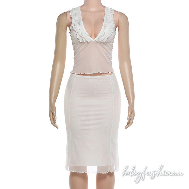 Mesh ruffle v neck sleeveless solid midi skirt set