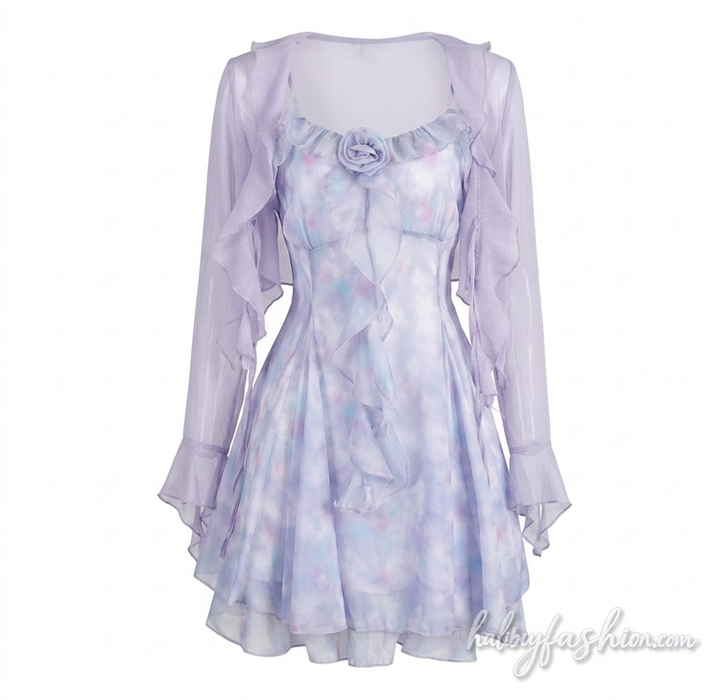 Ruffle flower applique long sleeve 2 piece cami mini dress - Halibuy