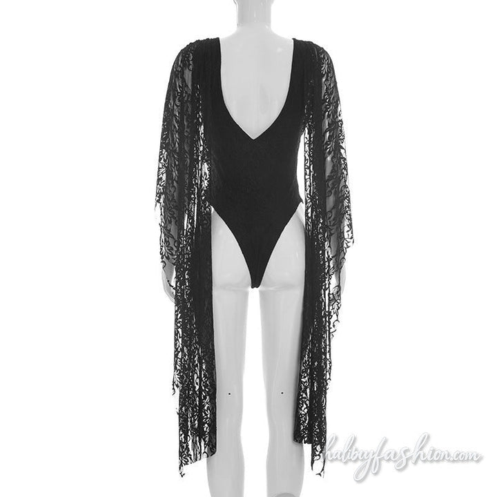 Lace crewneck button solid backless bodysuit