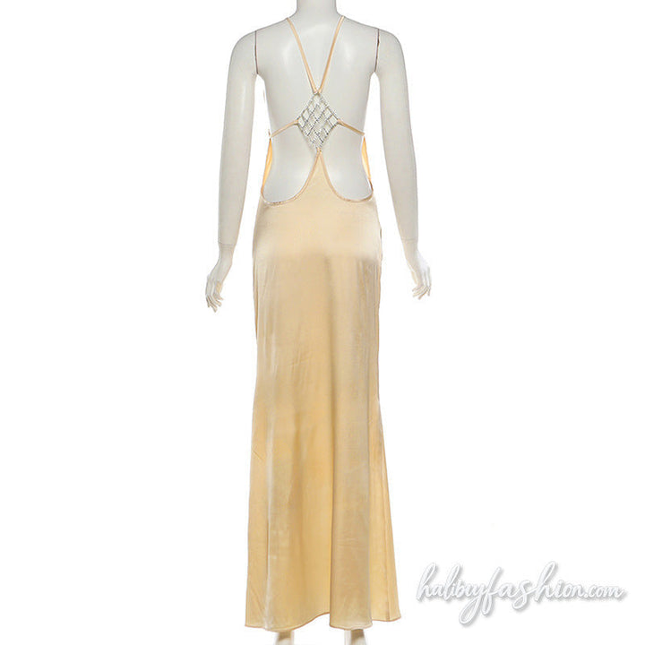 Crewneck backless beaded solid maxi dress
