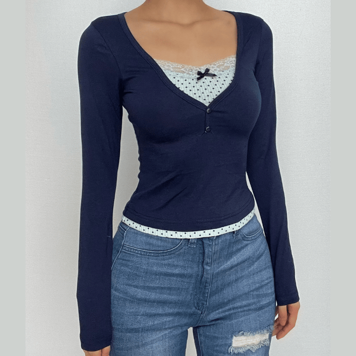 Polka dot patchwork long sleeve lace hem button top  | Festival Outfits Women