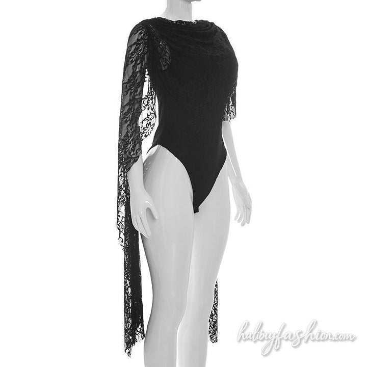 Lace crewneck button solid backless bodysuit