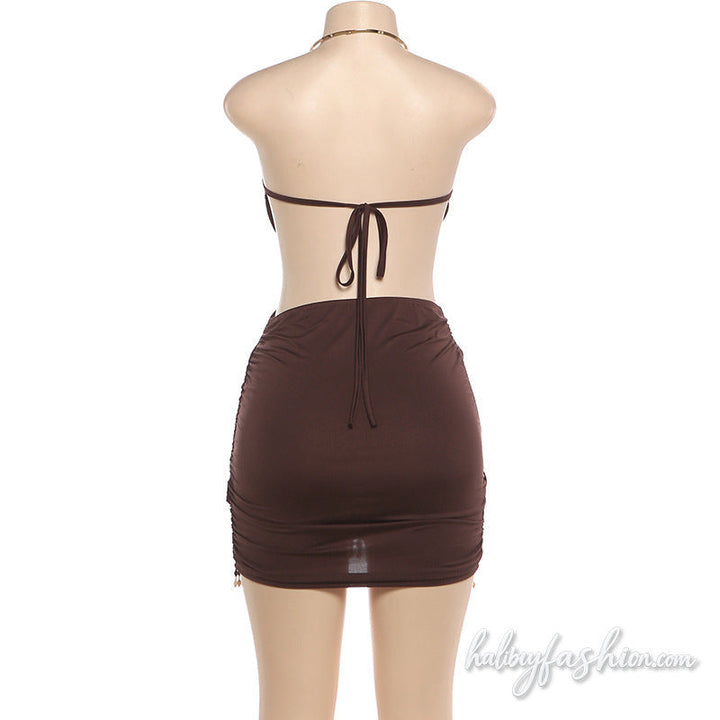 O ring halter ruched hollow out self tie mini dress