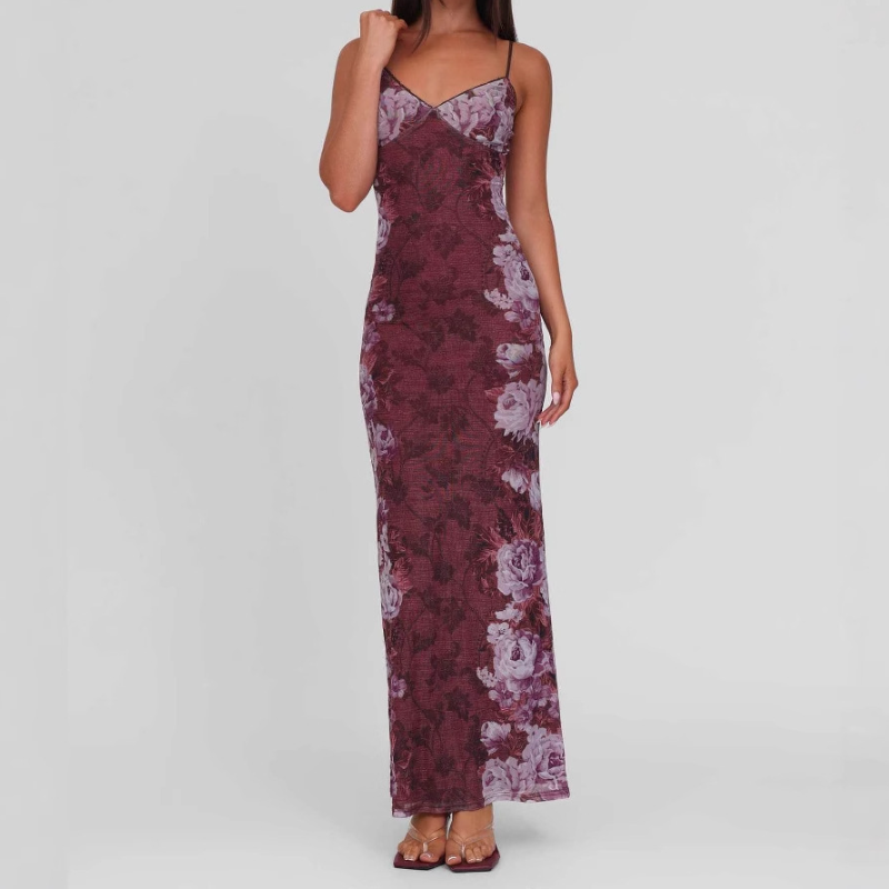 V neck flower print backless cami maxi dress  | Festival Outfits Women