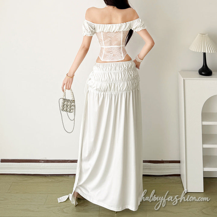 Ruched drawstring solid maxi skirt