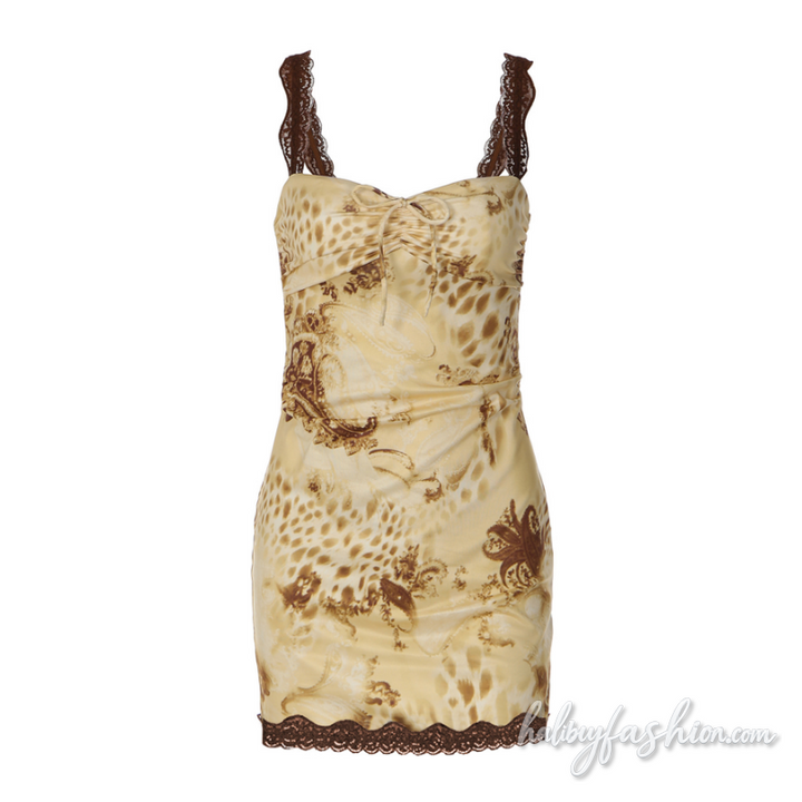 Lace hem ruched self tie print backless cami mini dress - Halibuy