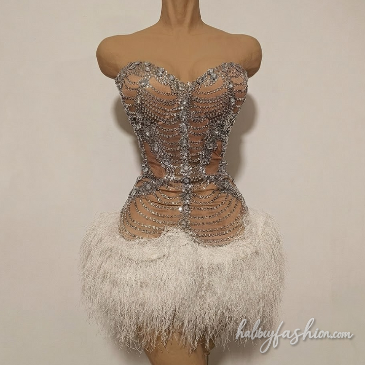 Beaded sweetheart neck raw hem tassels mini dress - Halibuy - 2