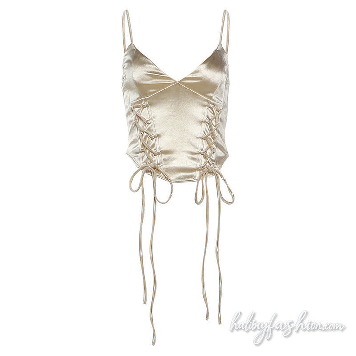V neck lace up metallic backless cami top - Halibuy - 2