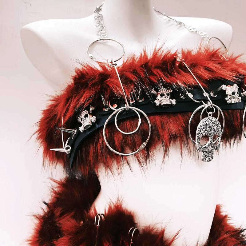 Fluffy o ring skull applique metal chain mini skirt set  | Festival Outfits Women