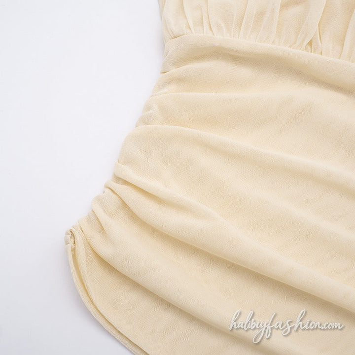 Ruched mesh crewneck solid top
