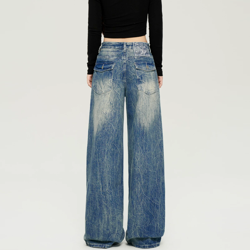 Embroidery button pocket zip-up straight leg | Baggy Low Rise Jeans