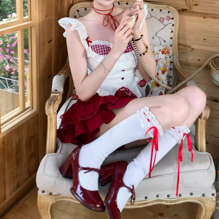 Cap sleeve plaid lace hem bowknot mini skirt set  | Festival Outfits Women