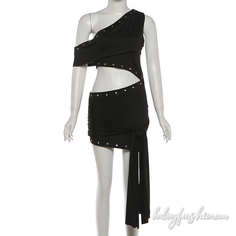 One shoulder irregular hollow out solid mini dress