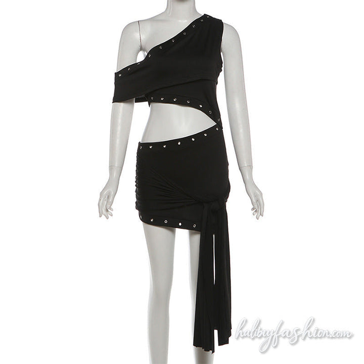 One shoulder irregular hollow out solid mini dress
