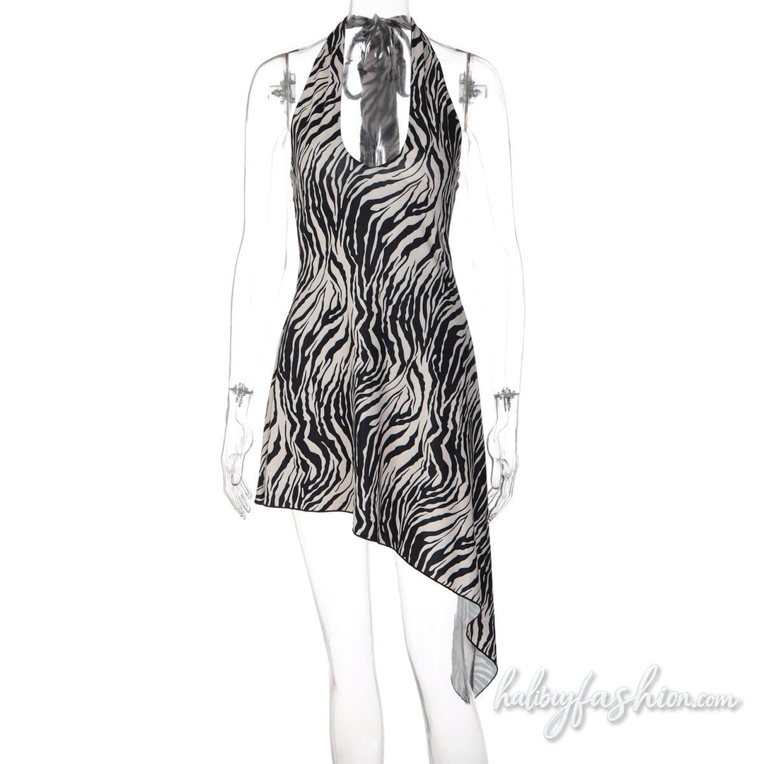 Zebra print halter self tie u neck irregular mini dress - Halibuy - 3