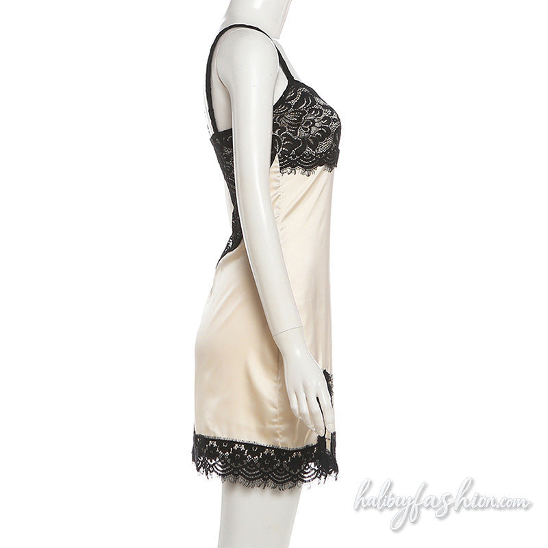 Square neck lace hem irregular slit cami mini dress - Halibuy - 3
