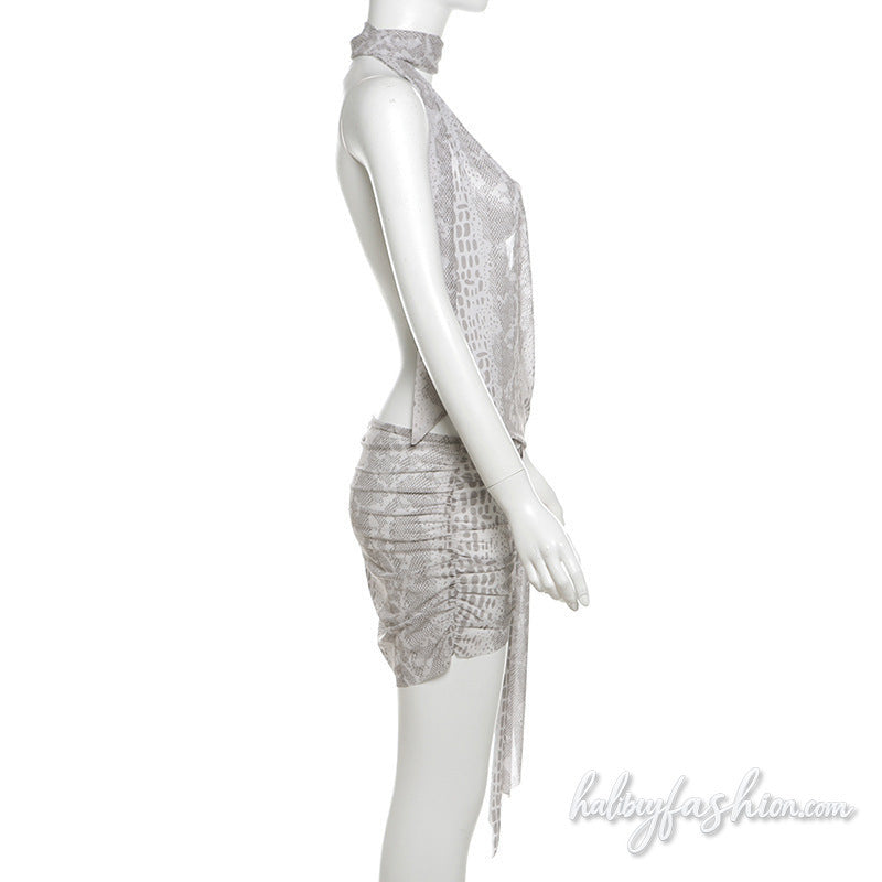 Snakeskin print halter ruched irregular mesh mini dress - Halibuy - 3