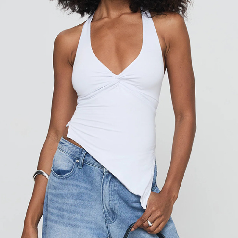 Halter v neck ruched self tie irregular top  | Festival Outfits Women