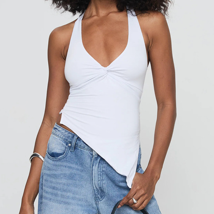 Halter v neck ruched self tie irregular top  | Festival Outfits Women