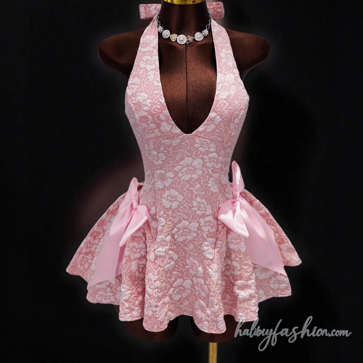 Bowknot halter self tie v neck backless mini dress