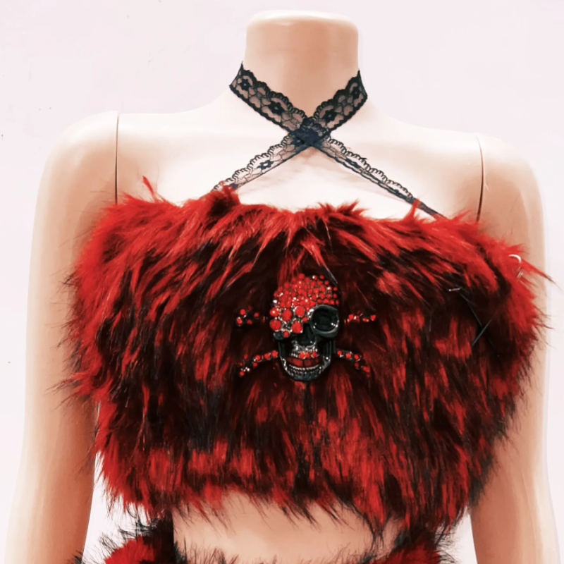 Fluffy skull applique zip-up lace hem tube top  | Festival Outfits Women