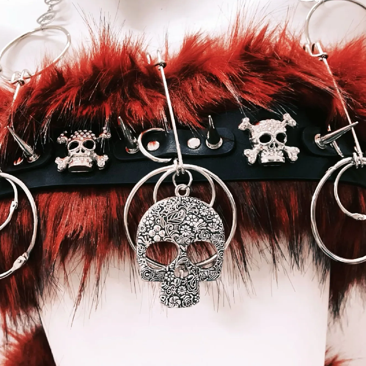 Fluffy o ring skull applique metal chain mini skirt set  | Festival Outfits Women