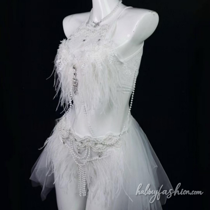 Feather hollow out beaded mini skirt set