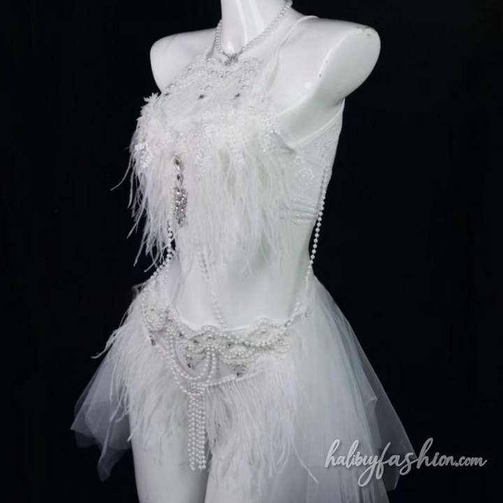 Feather hollow out beaded mini skirt set