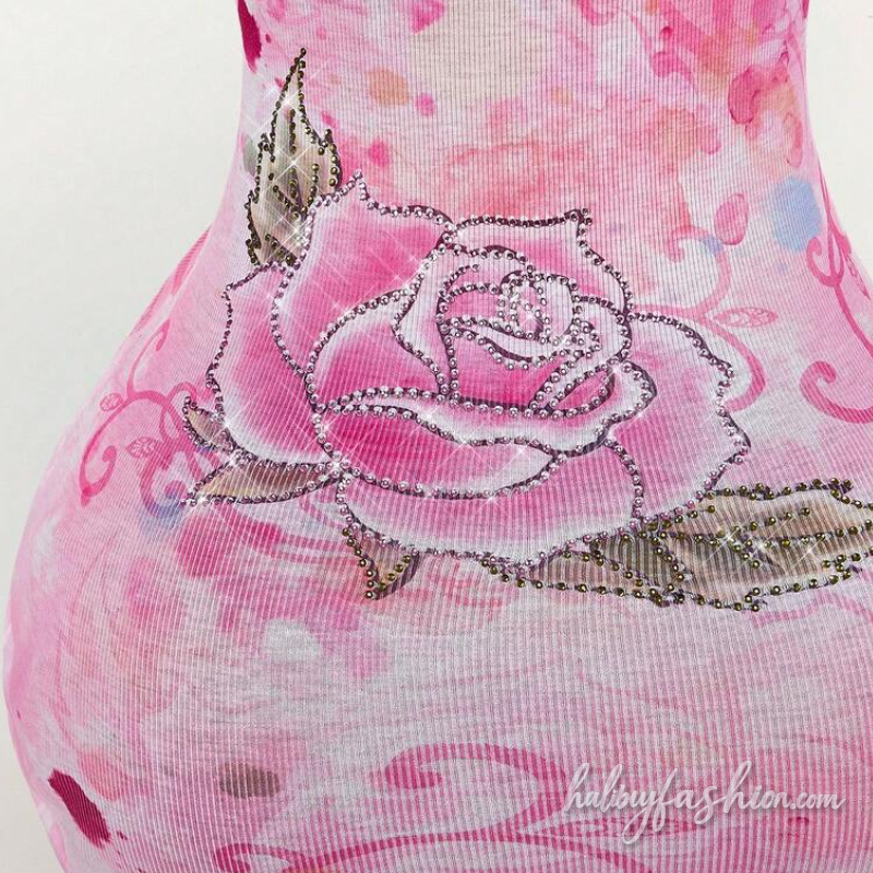 Square neck flower flower ribbed tank mini dress
