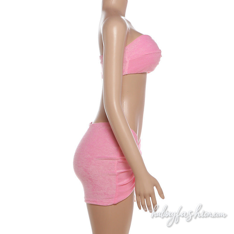 Ruched irregular solid backless tube mini skirt set