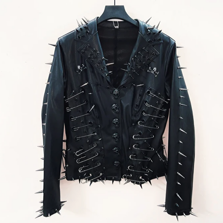 Long sleeve turnover collar PU leather skull applique top  | Festival Outfits Women