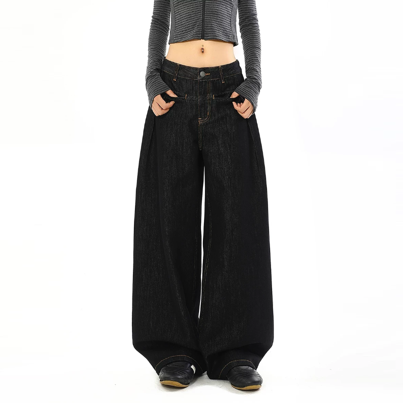 Black button zip-up low rise wide leg | Baggy Low Rise Jeans