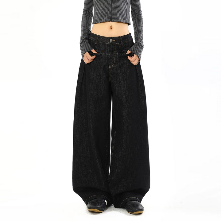 Black button zip-up low rise wide leg | Baggy Low Rise Jeans