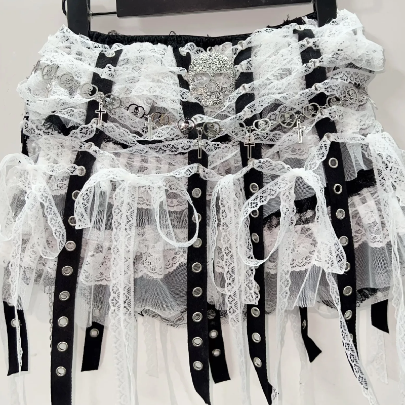 Lace tassels skull applique mini skirt  | Festival Outfits Women