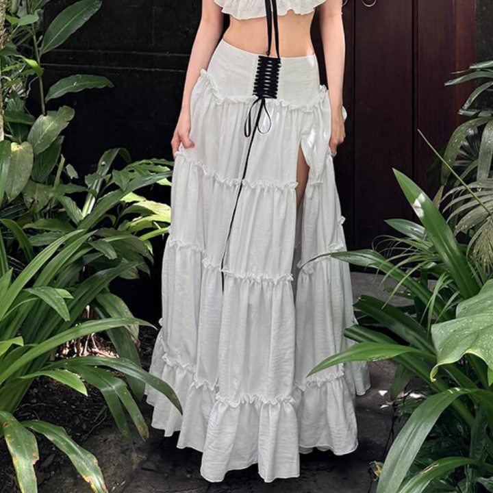 Slit ruffle lace up ruched white maxi skirt  | Festival Outfits Women
