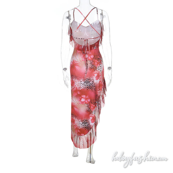 Irregular ruffle cross back self tie print cami midi dress - Halibuy - 4