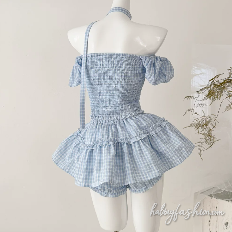 Bowknot plaid puff sleeve ruched square neck mini skirt set - Halibuy - 4