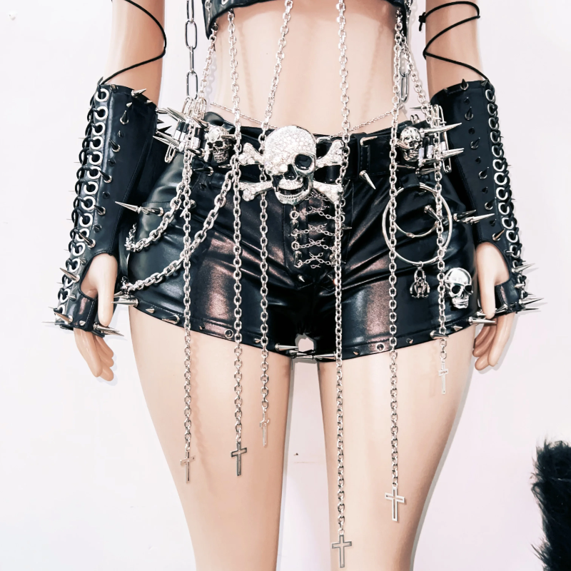 Metal chain skull applique rivet gloves cami top  | Festival Outfits Women