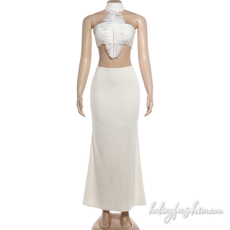 Halter self tie feather backless maxi skirt set