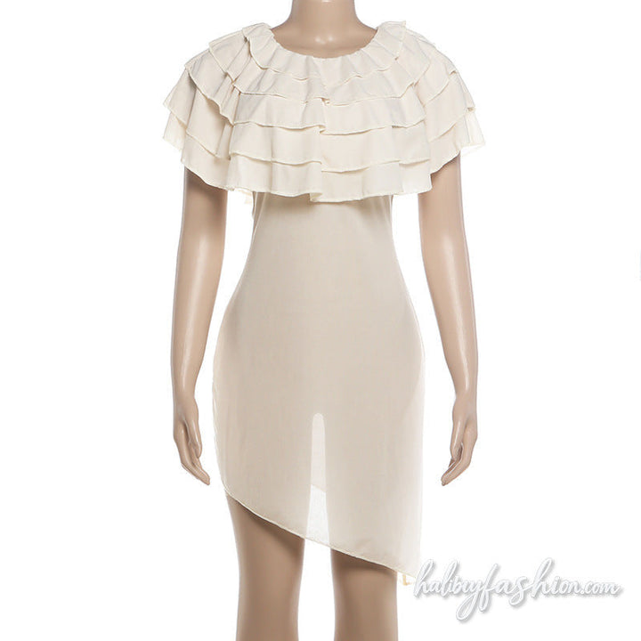 Crewneck ruffle irregular see through mini dress - Halibuy - 3